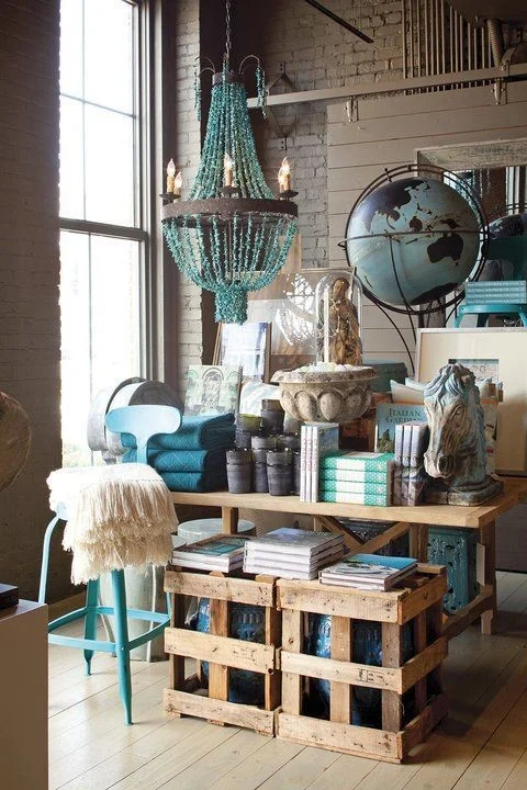 Natural light is used to bring out the contrast of natural tones and bold colours in this display at the Revival store in Chattanooga, USA.