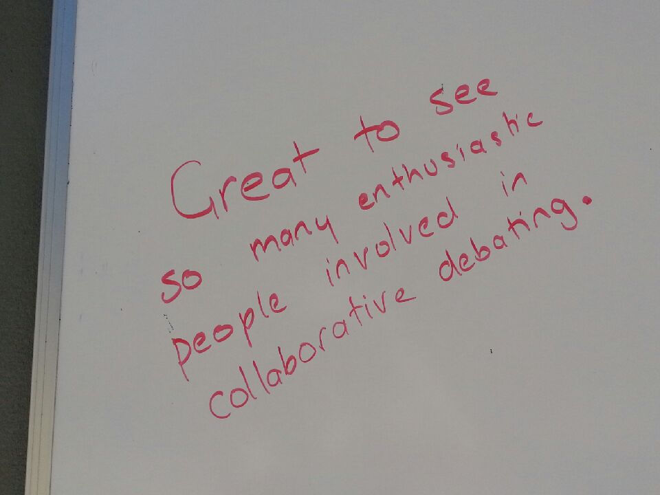 A happy teacher's message scrawled on the 'What's Happening' board outside the library.