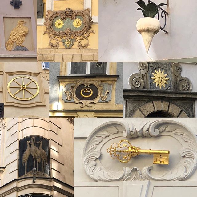 In Prague they use to name their houses with an image of their industry for their address, instead of numbers. The 3 storks represent the midwife, the golden pretzel...the baker, the white radish.. the greengrocer and so on. Sometimes for a home it w