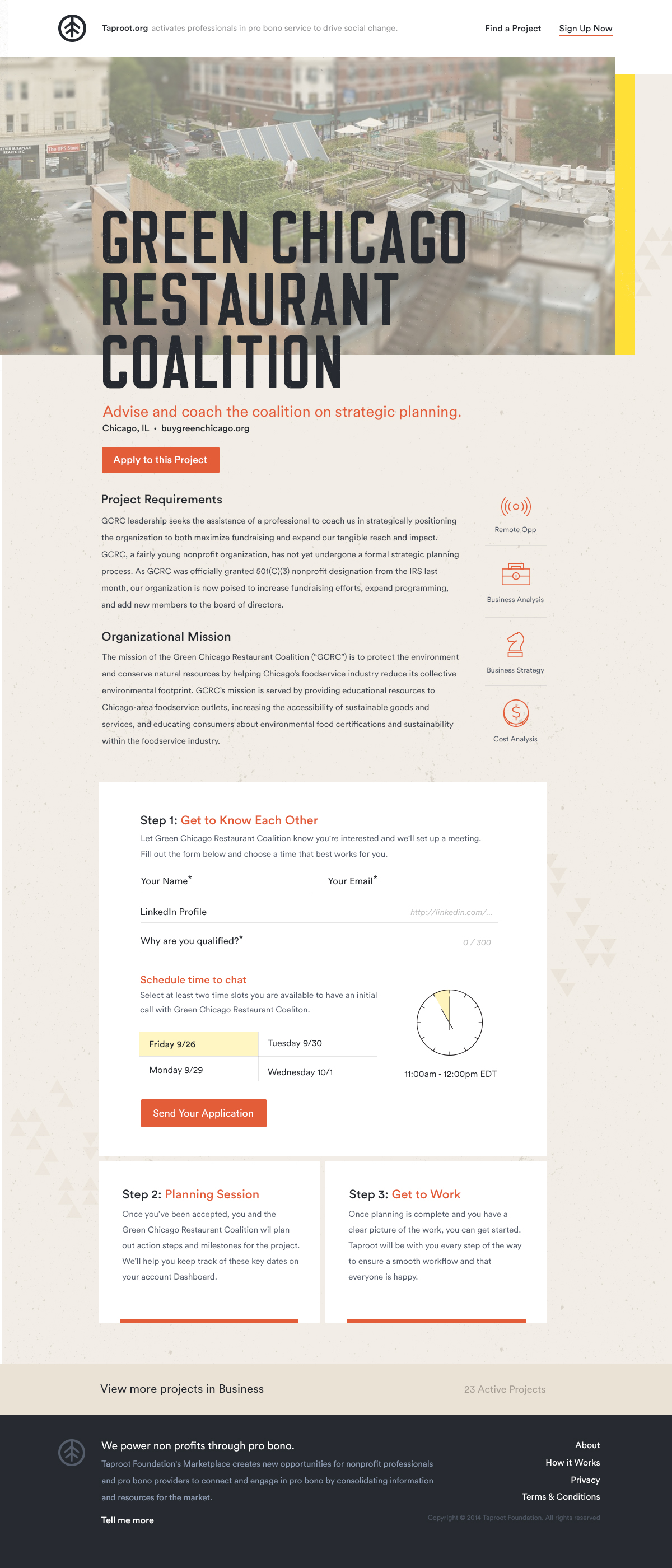 An example of a project page, where volunteers could quickly learn how to contact the nonprofit they were interested in working with