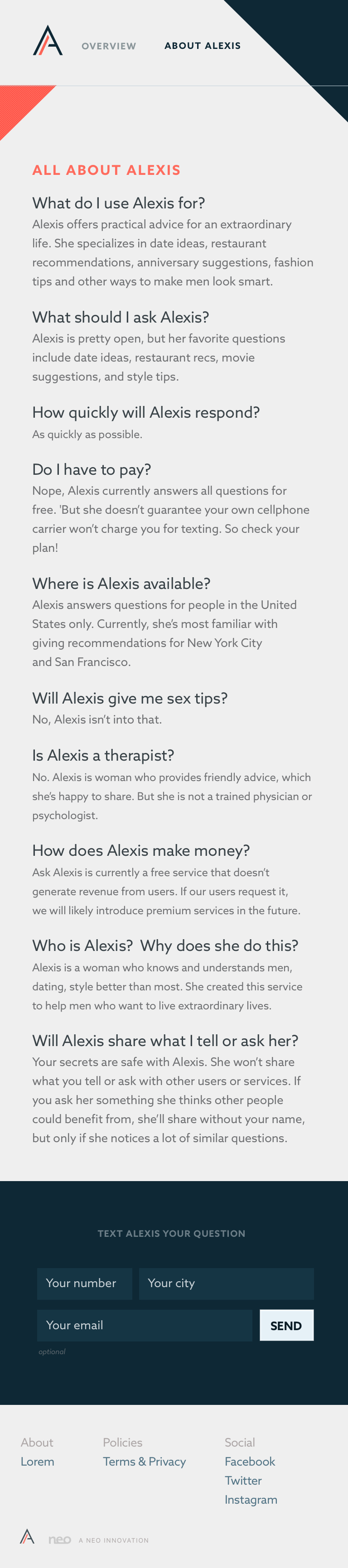 An FAQ to help users orient themselves to what to expect when texting Alexis.