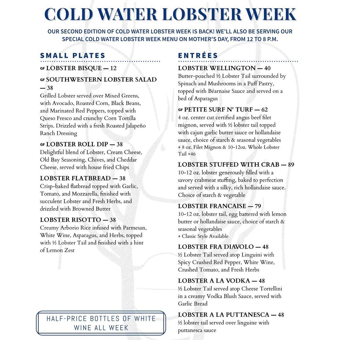 Thank you to everyone who joined us last week for Lobster Week! The response was amazing, and we&rsquo;re bringing it back with new additions this week. We&rsquo;ll also feature the menu on Mother&rsquo;s Day from 12-8 p.m. Don&rsquo;t miss out on th
