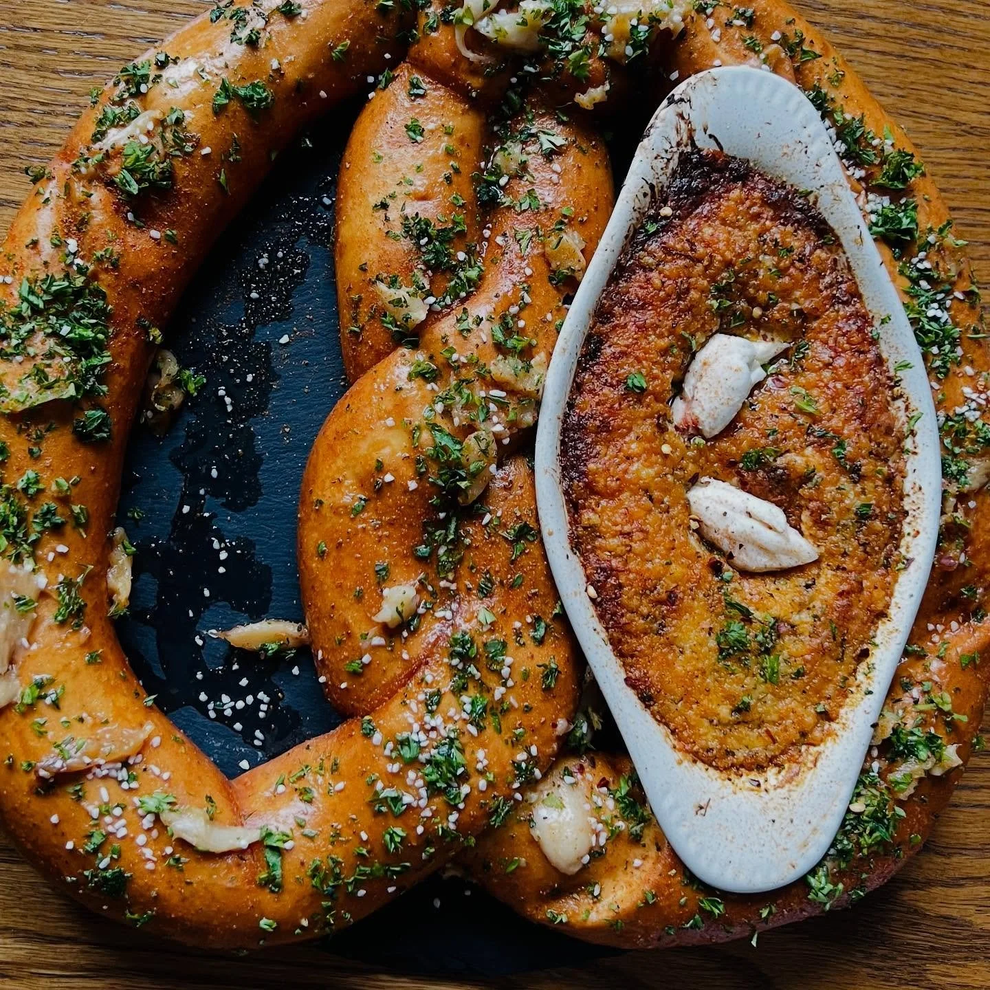 Tonight’s features are looking pretttttty good π
π₯¨ Crabby Pretzel 
Garlic Butter and Old Bay Braised Jumbo Pretzel with Creamy Crab Dip and Parmesan Crust
 
π₯ͺ Fried Pork Sandwich 
Two 4oz Pork Loins with Spinach, Red onion, Slices Tomato, S