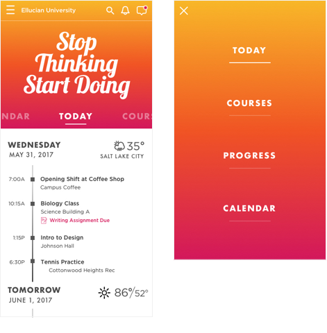 Bold motivational typography art with large nav overlay. Swipe through content. 