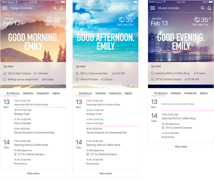 Personalized greeting with background that changes as the day progresses. Scroll down to see content. 