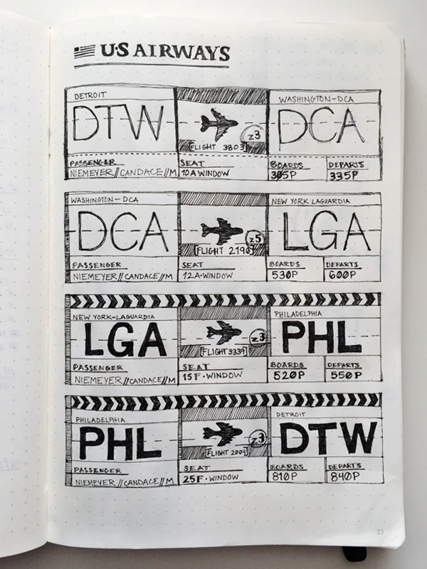 Just a fun sketch of my boarding passes done during the downtime. I usually work in pencil first but this time I made myself use pen. Things got weird ... just ignore the messiness. 