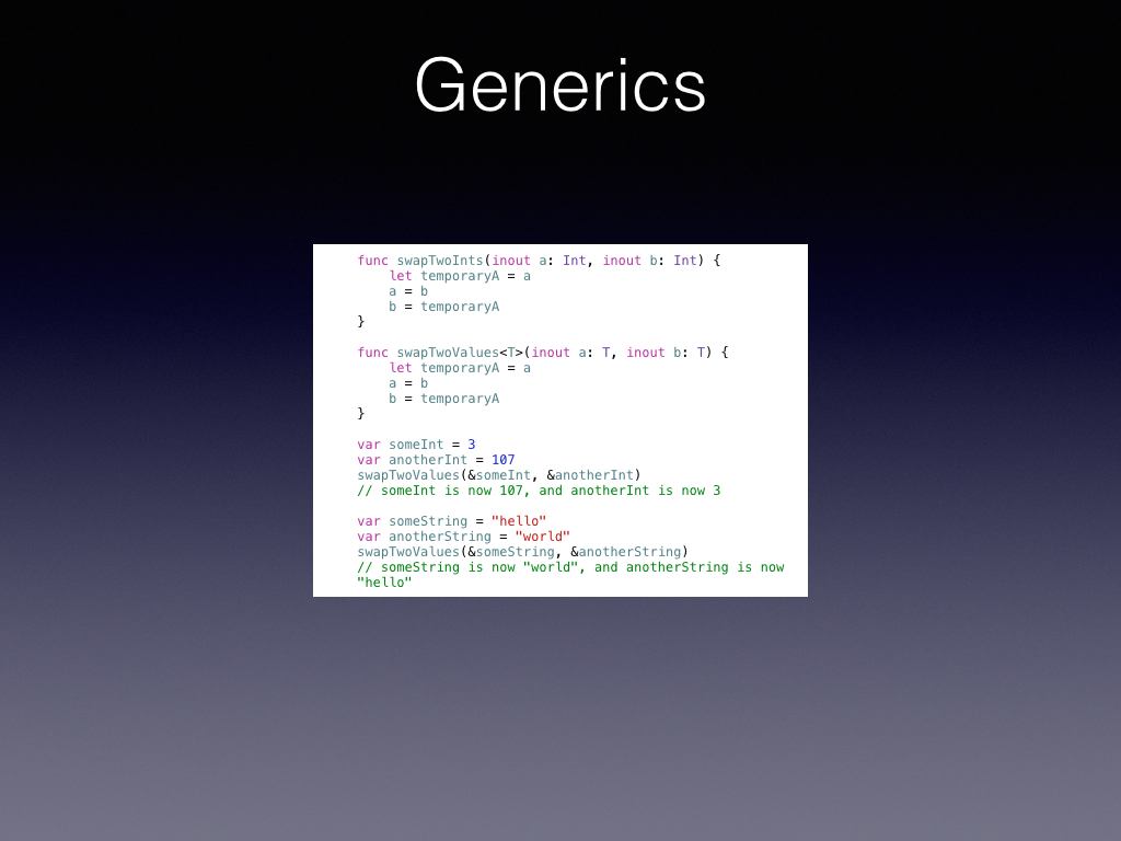 Ever wanted to make a category on all those NS Containers like NSArray and NSDictionary Generics make it happen. look at that T there for the type, you can also add that T must conform to a protocol so that should help your code clarity as well This should save a lot twice written code that was in a lot of our Cocoapods