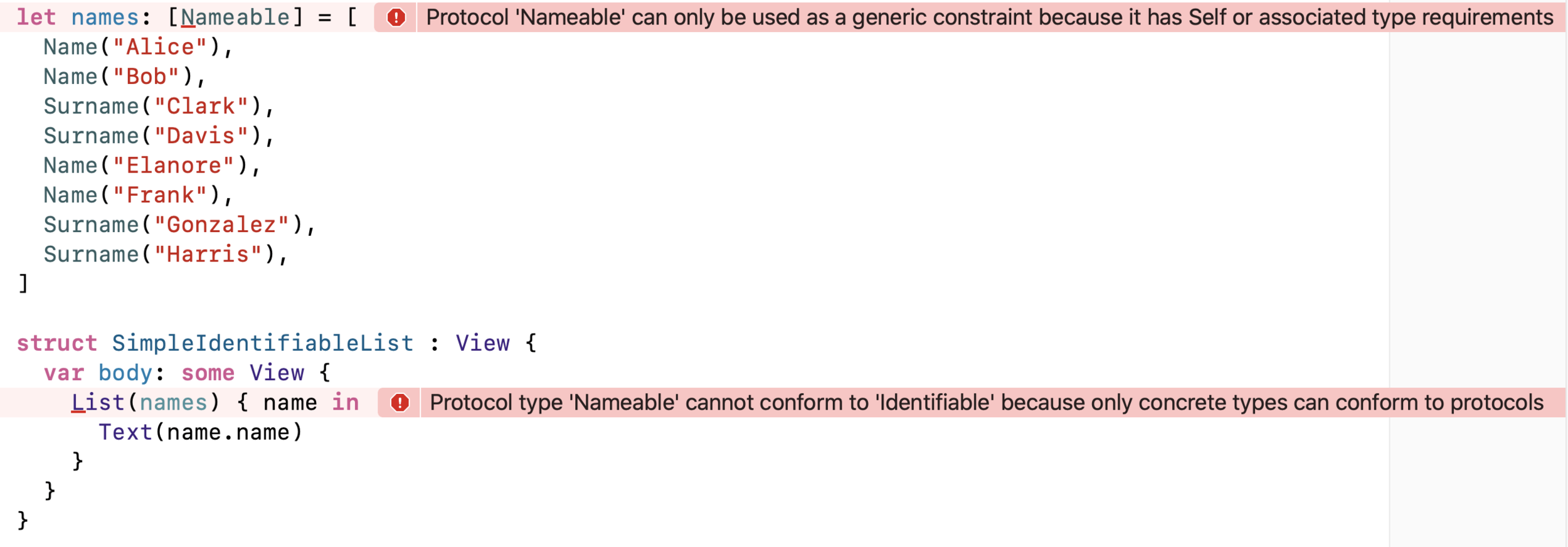 Here we can see that we have two compiler warnings complaining about the same issue in different ways