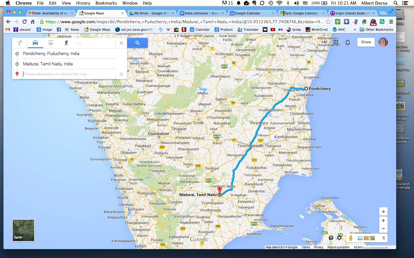 Screenshot of Google maps showing the route from Puducherry to Madurai. About 4:45 hrs driving time.