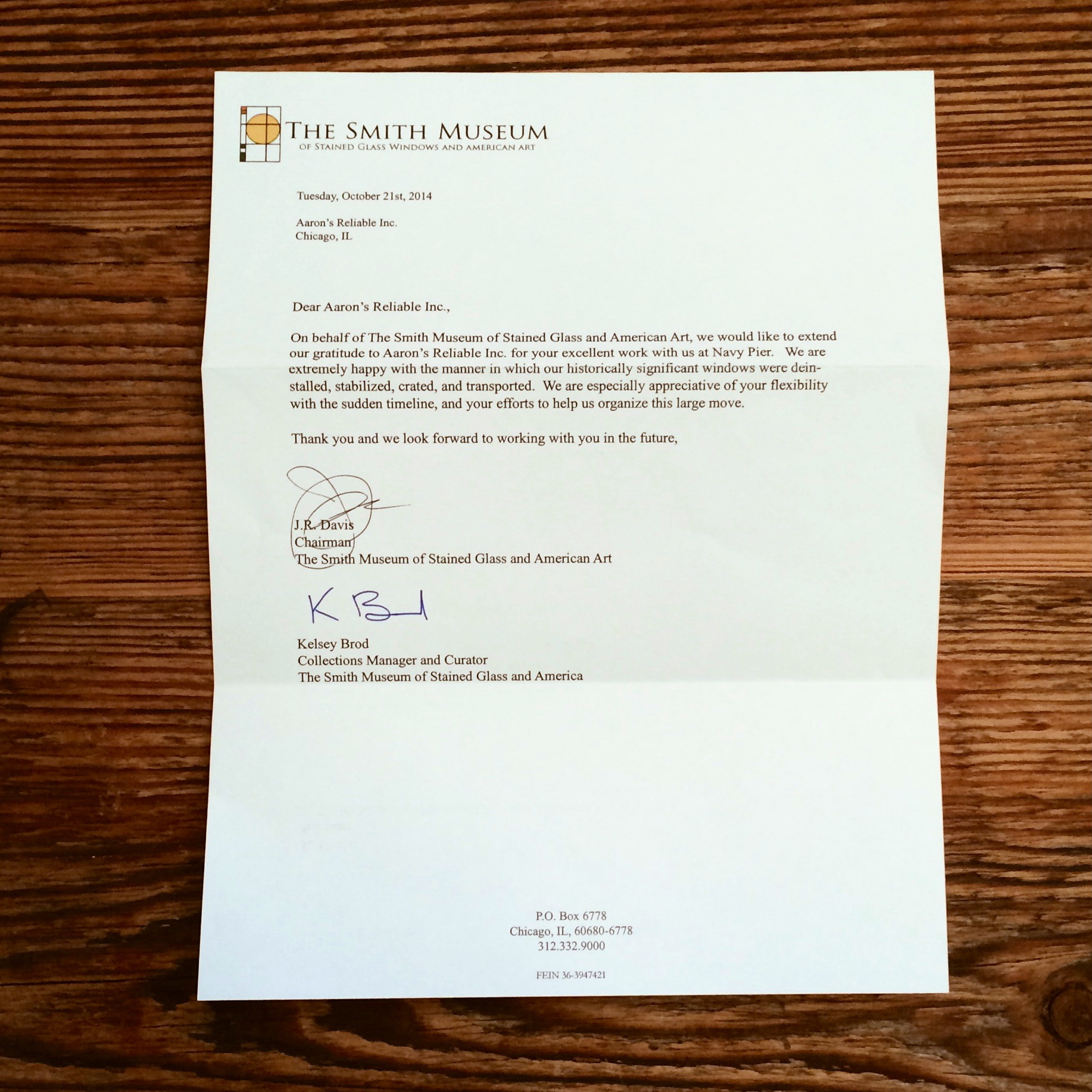 Testimonial from The Smith Museum (click to enlarge)
