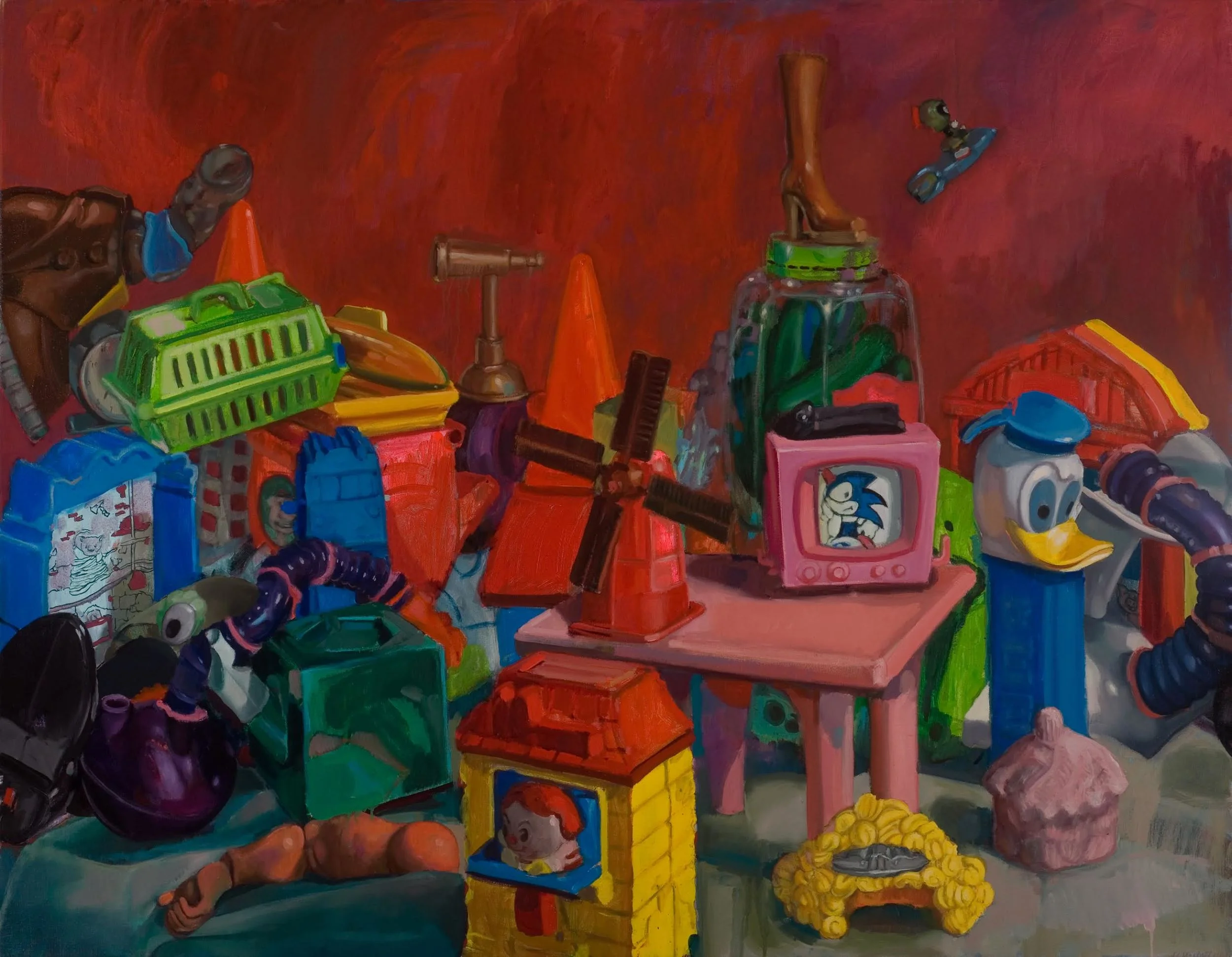 The Last Toy Painting in Red 2011 acrylic and oil on linen 42" x 54, horizontal