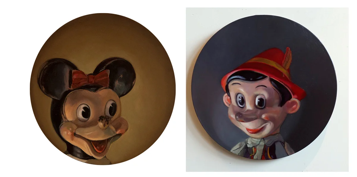 Portrait of Miss Mouse Portrait of Flirty Pinocchio Acrylic and Oil on Wood Panel, 16" Acrylic and Oil on Wood Panel, 16" 