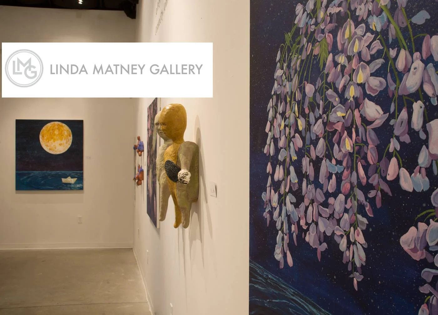 Install at Linda Matney Gallery. Works shown are Jeffrey Whittle's Ripple Effects( far left), Crisha Yantis ' Progression II (center) and Whittle's Celestial Bouquet (right)