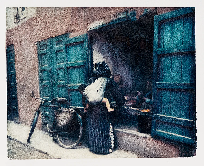 • Morocco Woman & Child. My first 'reworked' ( surface alteration ) to gain a more illustrative feel using 8x10 Polaroid Transfers. The transfer period was a major shift in the approach and technique and also a desire to produce a different result of the popular process. This period worked very well getting me into major galleries and also large fine-art sales and then commercial commissions.