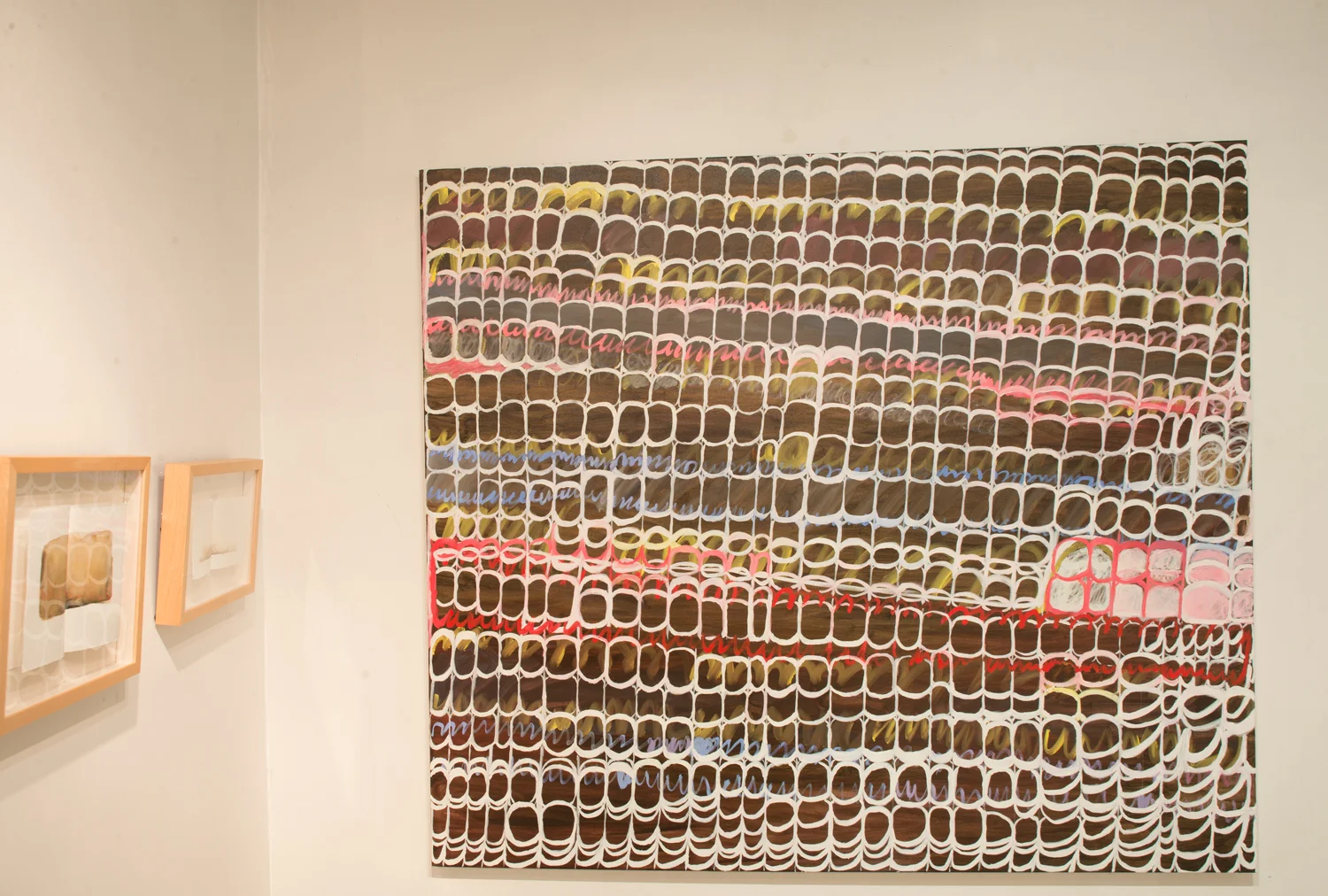 Martha Jones, Large Brown Series #3 , oil on canvas (right), Elizabeth Mead , Deep horizon signature Williamsburg , Iron gall ink made from galls sourced from Hampstead Heath and Elizabeth Mead, Small light ochre signature NYC , Iron gall ink made from galls sourced from Hampstead Heath (left)