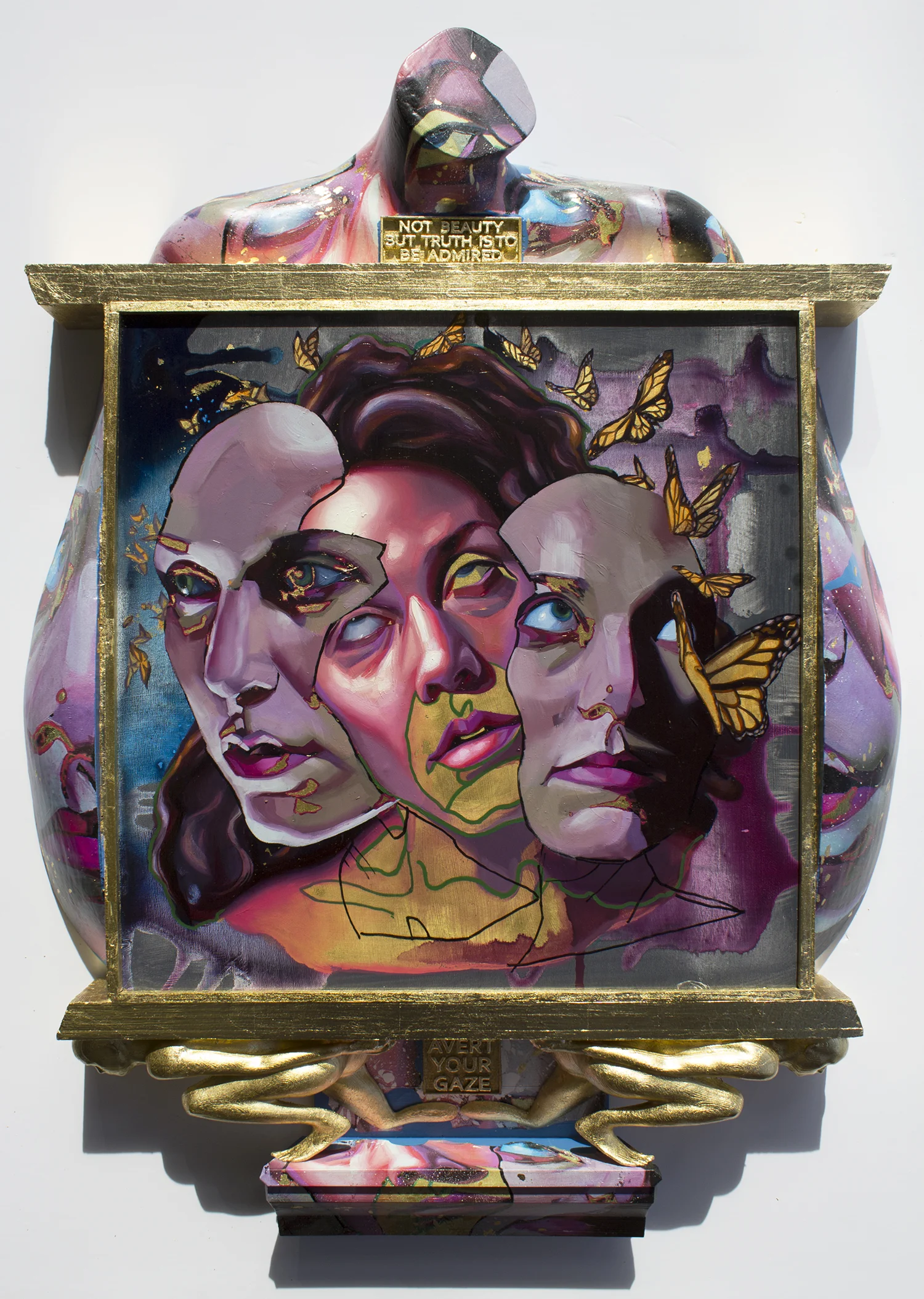 Conglomerate I Oil on Panel / PLA (3D designed & printed elements), Gold Leaf, Hydrographics 25x32x5”, 2017