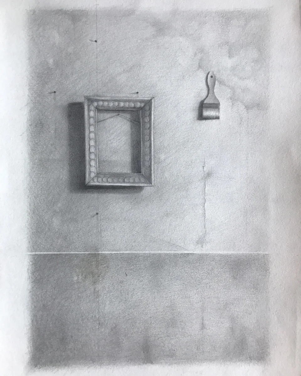 Andrew Shears Wall with Frame and Brush graphite on paper dipped in encaustic wax