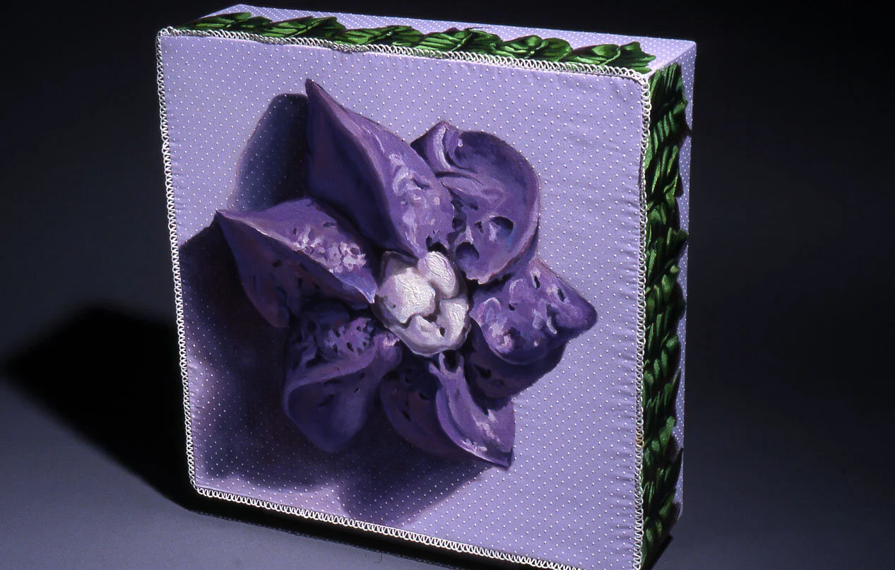 Purple Drop Spin Flower, Oil on fabric covered box, 20”x20”x6”, 2003