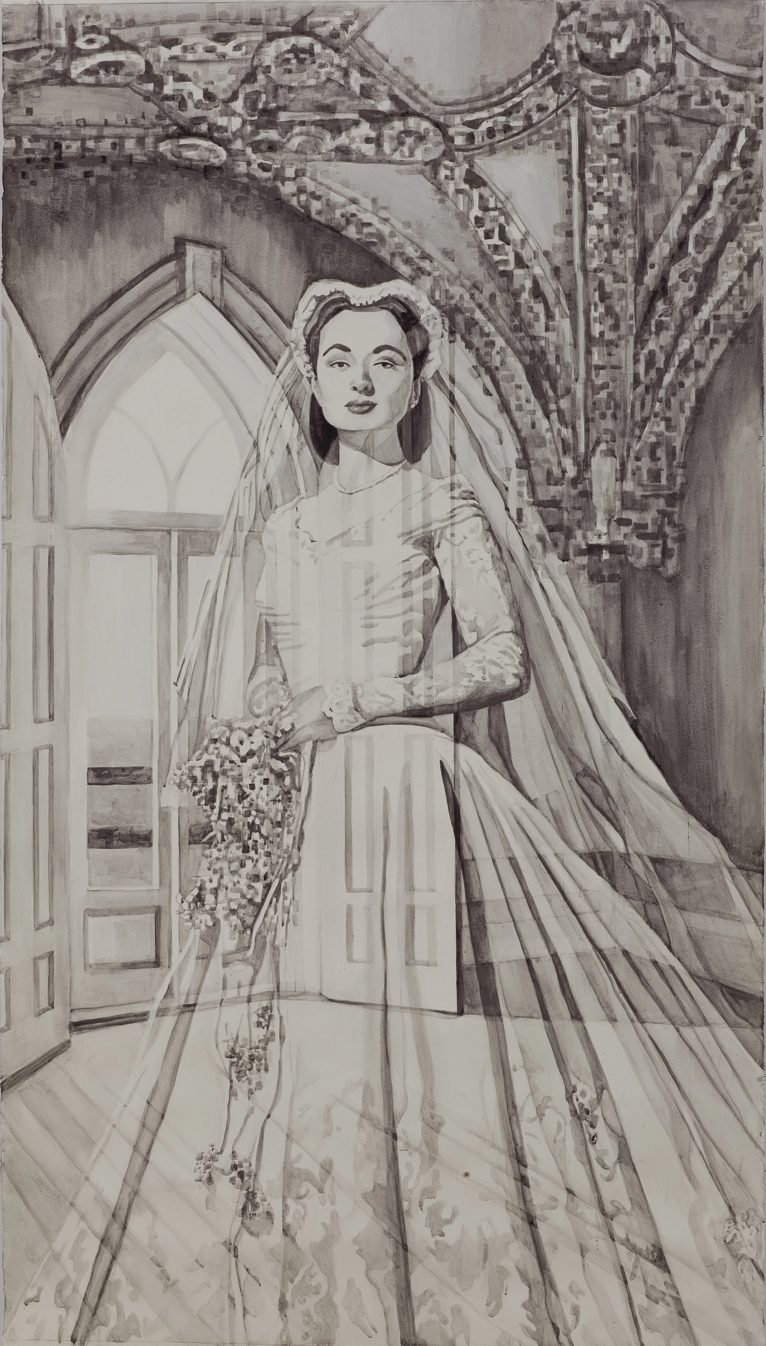Fading Brides: Gothic Pixels, Wash drawing, 4x6, 2019