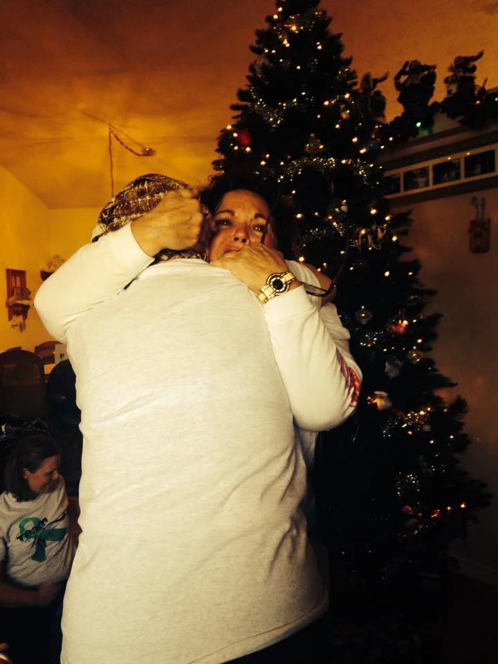 MAMA AND ONE OF HER MOST PRECIOUS FRIENDS- WHO HELPED SANITIZE HER HOUSE, DROVE HER BACK & FORTH TO CHEMO AND LOVED ON HER ANY & EVERY WAY POSSIBLE. THIS WAS TAKEN ON CHRISTMAS DAY...ONLY A FEW DAYS AFTER MOM'S LAST CHEMO OF 2014. PLEASE EXCUSE THE BAD LIGHTING AND COLOR...THE MOMENT WAS TOO TOO PRECIOUS TO BE PERFECT!