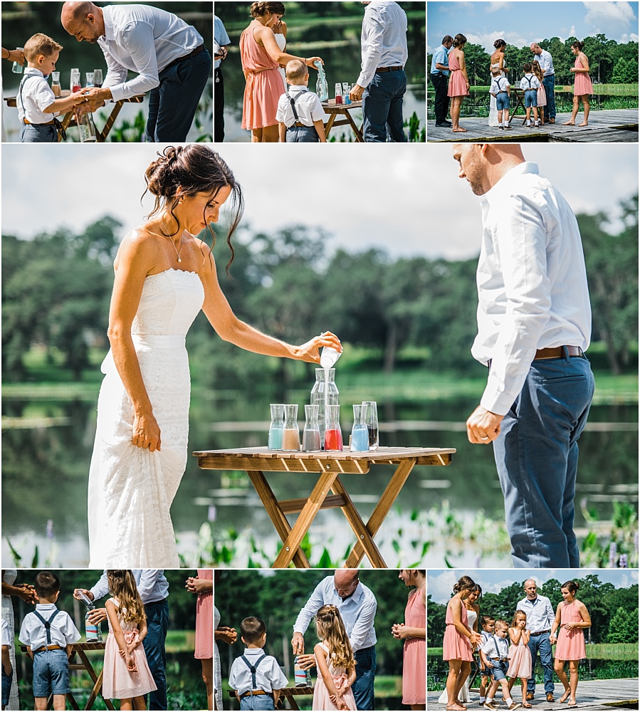 THIS was beautiful! The Bride and Groom choose to include their entire blended family in the sand ceremony. Each child poured a little then the Bride and Groom topped it off. It was so special