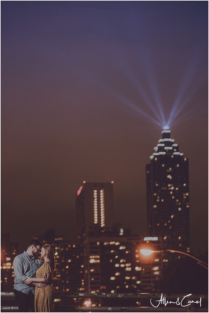  For some reason, there was a gorgeous purple glow on top of the SunTrust Tower, which was in the background of our shot. We assumed it had something to do the charity run in Piedmont Park earlier but we weren’t sure. Either way, Allen made it work i