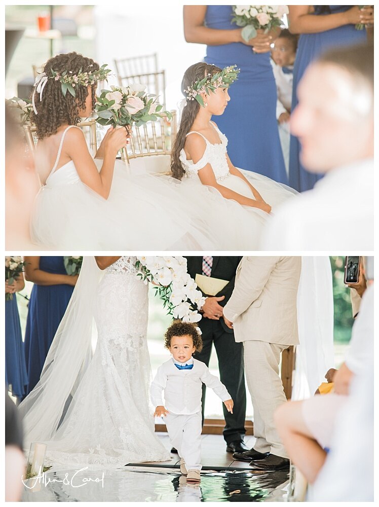  Those precious little flower girls did such an amazing job! Their gorgeous floral headpieces just complimented their sweetness and beauty!  Then their was the “runaway ring-bearer”. Ha-ha! He was such a cutie! I don’t think his mom &amp; dad minded 