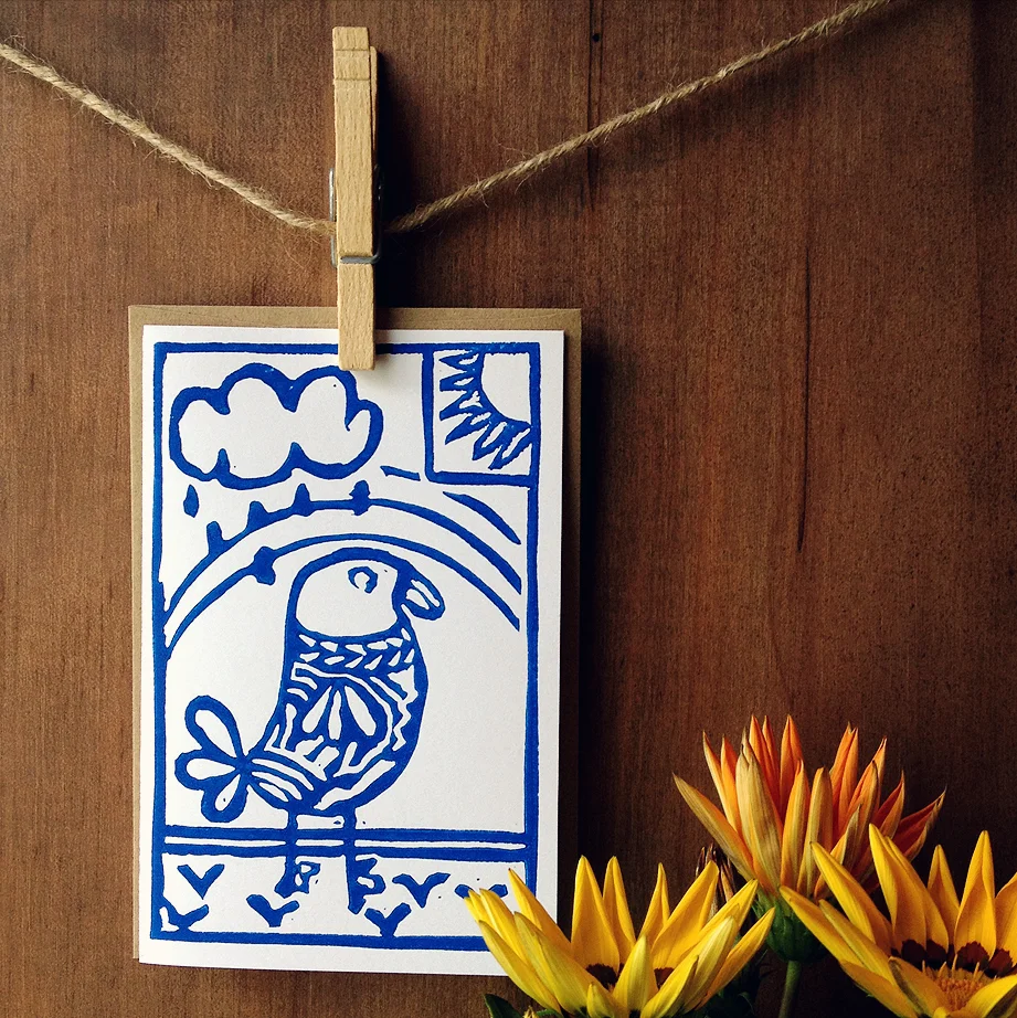 New Pattern Design - "Bossy Bird" in Blue, Block Printed