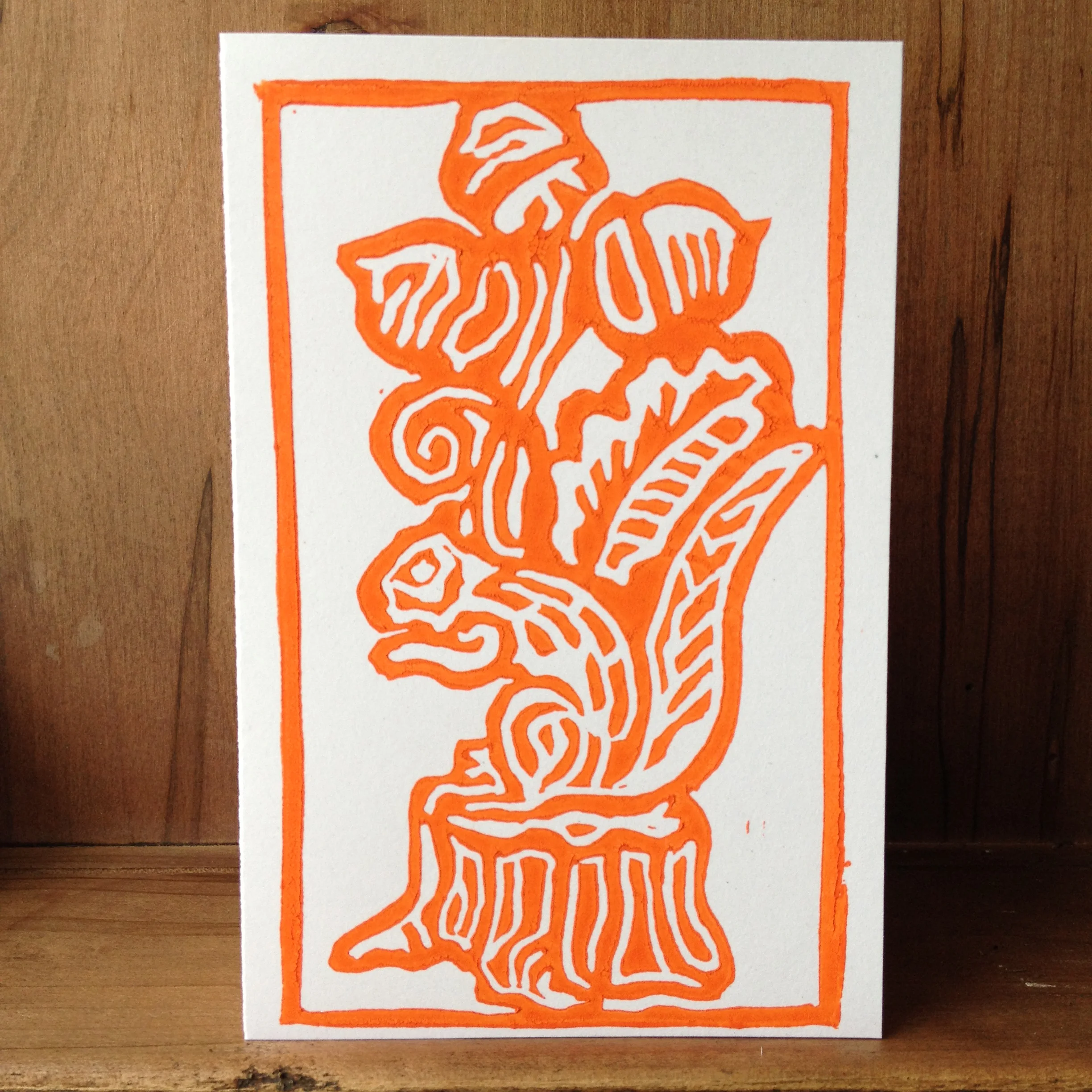 New Pattern Design - "Silly Squirrel" in Orange, Block Printed Card