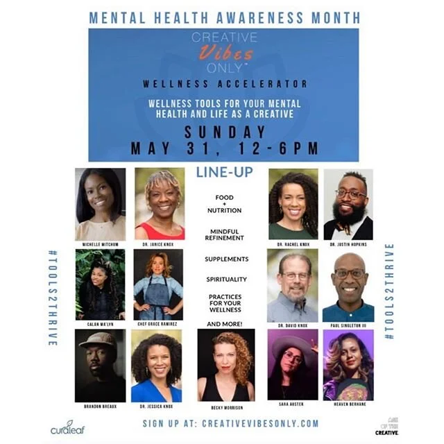 TODAY - starting at 12pm ET. 
Join us! (this is a FREE event - LINK IN STORY)
______________________________
THIS SPECIAL EDITION OF OUR WELLNESS ACCELERATOR, COMMEMORATING MENTAL HEALTH AWARENESS MONTH, WE WANT TO SUPPORT THE CREATIVE COMMUNITY'S JOURNEY TO WELLNESS.

FROM 12PM - 6PM EST, THIS VIRTUAL INTENSIVE WILL PROVIDE TOOLS AND RESOURCES FOR CREATIVES TO THRIVE IN THEIR MENTAL HEALTH AND WELLNESS. WITH INTERACTIVE, THOUGHT-PROVOKING LEARNING, DEVELOPMENT AND MINDFUL MOMENTS WITH INSIGHT FROM CREATIVE LUMINARIES, PRACTITIONERS AND EXPERTS DIVING DEEP, EXPLORING WAYS TO INTEGRATE OR IMPROVE MINDFULNESS AND RESTORE FEELINGS OF WELL-BEING AND THE IMPORTANCE OF: 
MINDFUL REFINEMENT 
AUDITING AND DETOXIFYING SOCIAL SURROUNDINGS TO RE-IMAGINE DAY-TO-DAY WELLNESS.

PRACTICES 
ACTIVE AND PASSIVE EXERCISES OR ACTIVITIES FOR DAILY WELLBEING

FOOD + NUTRITION 
ADOPTING DAILY INTAKE AND DIET STRATEGIES TO INFLUENCE VIBE, MENTAL HEALTH AND OVERALL WELL-BEING.