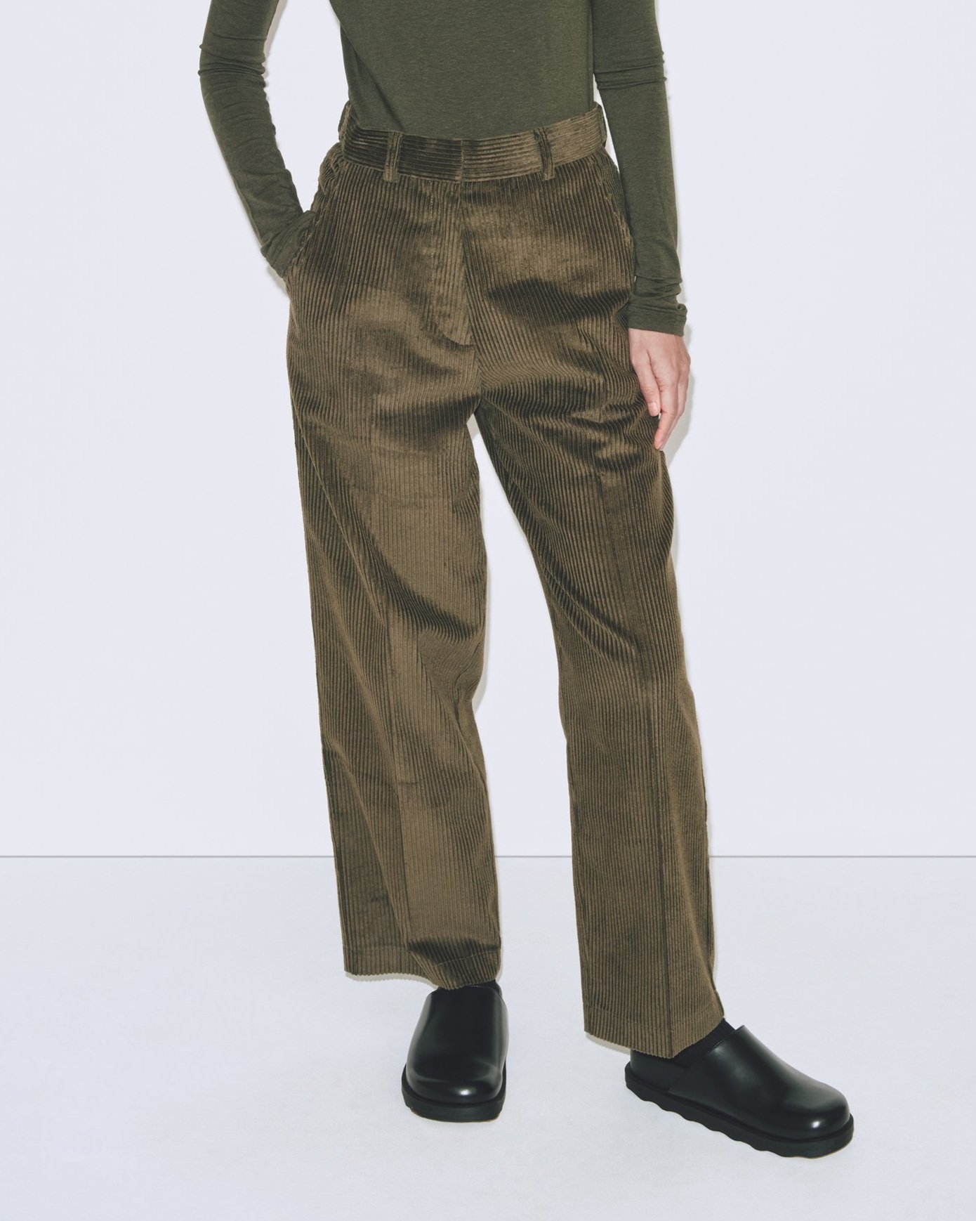 CORDUROY STRAIGHT LEG PANTS - OLIVE — MIJEONG PARK - LA based womenswear label