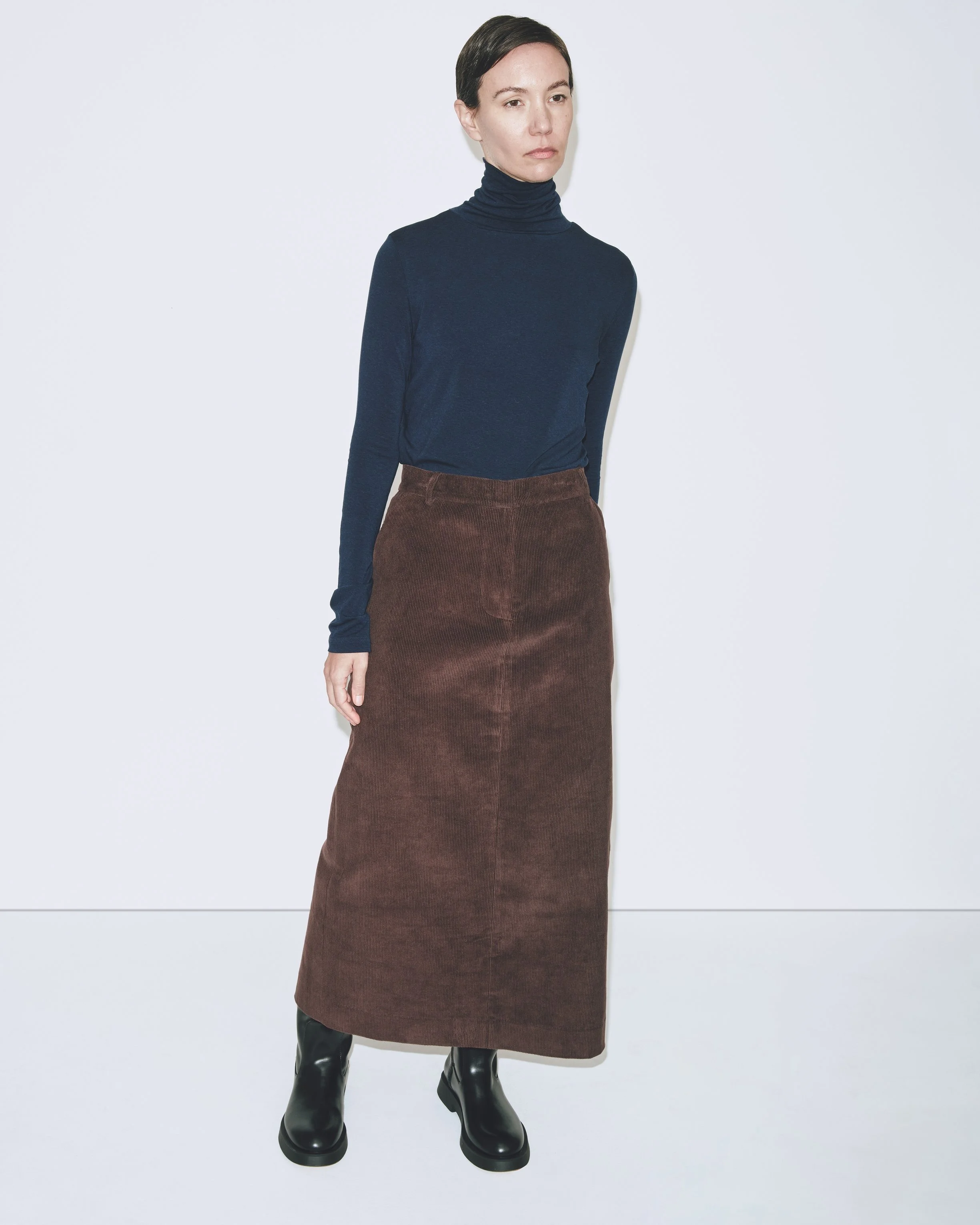 CORDUROY MIDI SKIRT BROWN — MIJEONG PARK LA based womenswear label