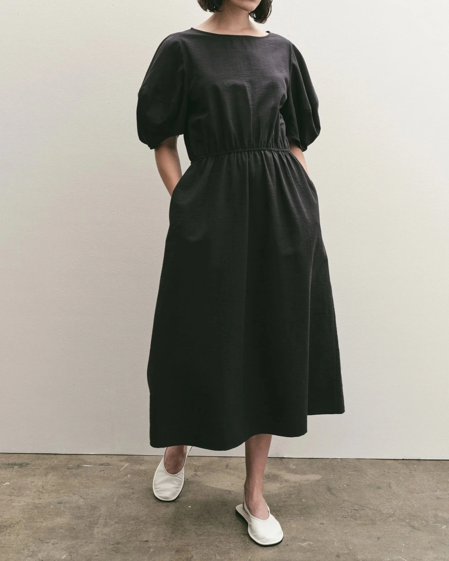 knee length dresses for ladies Smocked Round Neck Balloon Sleeve Midi Dress Dark Blue / L by Blue Zone Planet main image 1