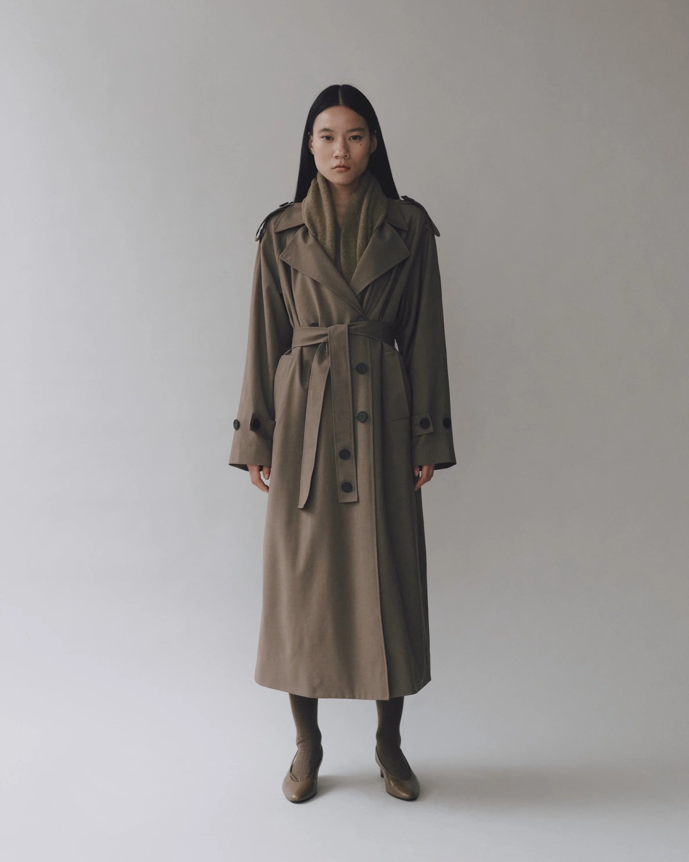 WOOL BLEND LONG TRENCH - LIGHT OLIVE — MIJEONG PARK - LA based 