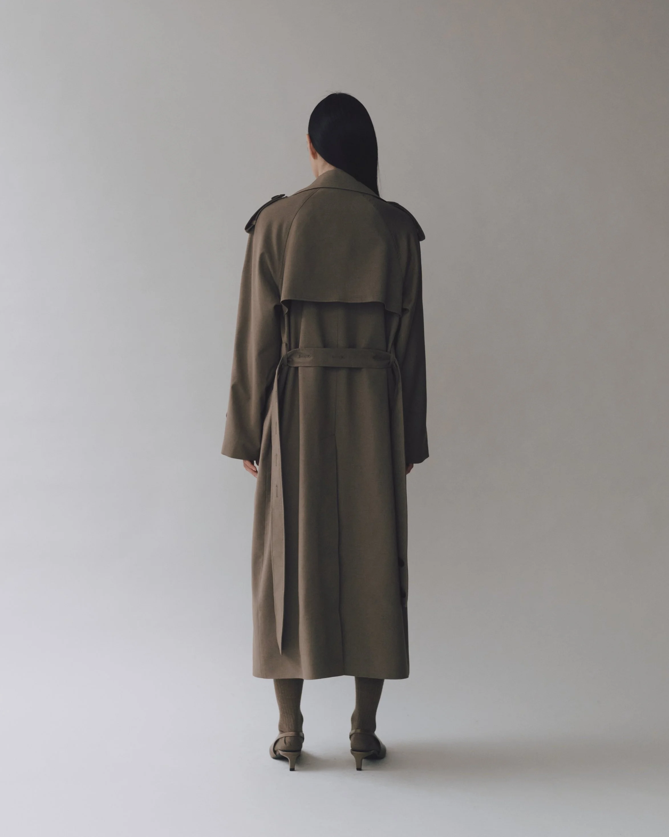 WOOL BLEND LONG TRENCH - LIGHT OLIVE — MIJEONG PARK - LA based 