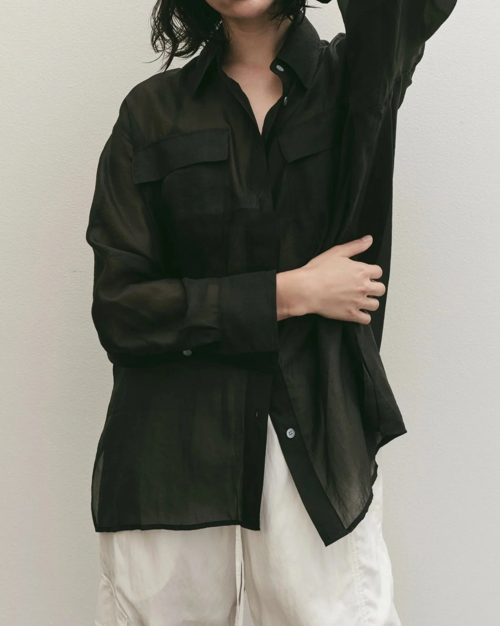 evereve black dress Sheer Wool Gauze Oversized Shirt Black / L / T000WG7720 main image 0