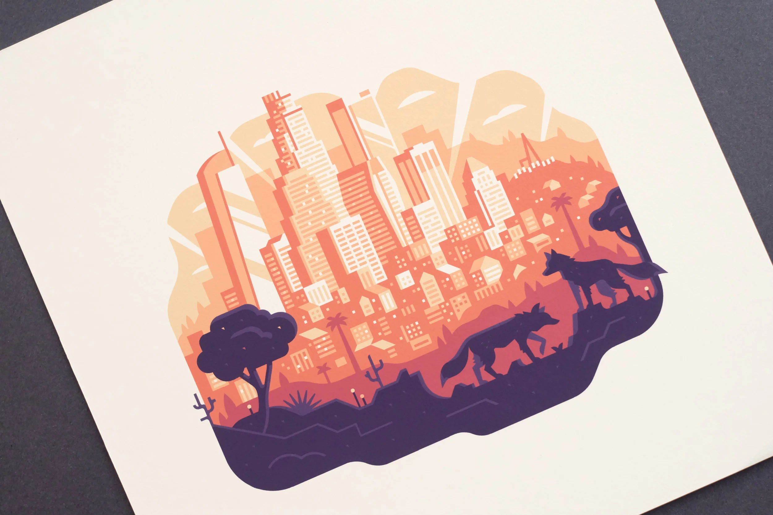 A detail shot / product photo of the Los Angeles print designed by Matt Anderson and Alex Pasquarella of Canopy Design & Illustration. Made for Gallery 1988.