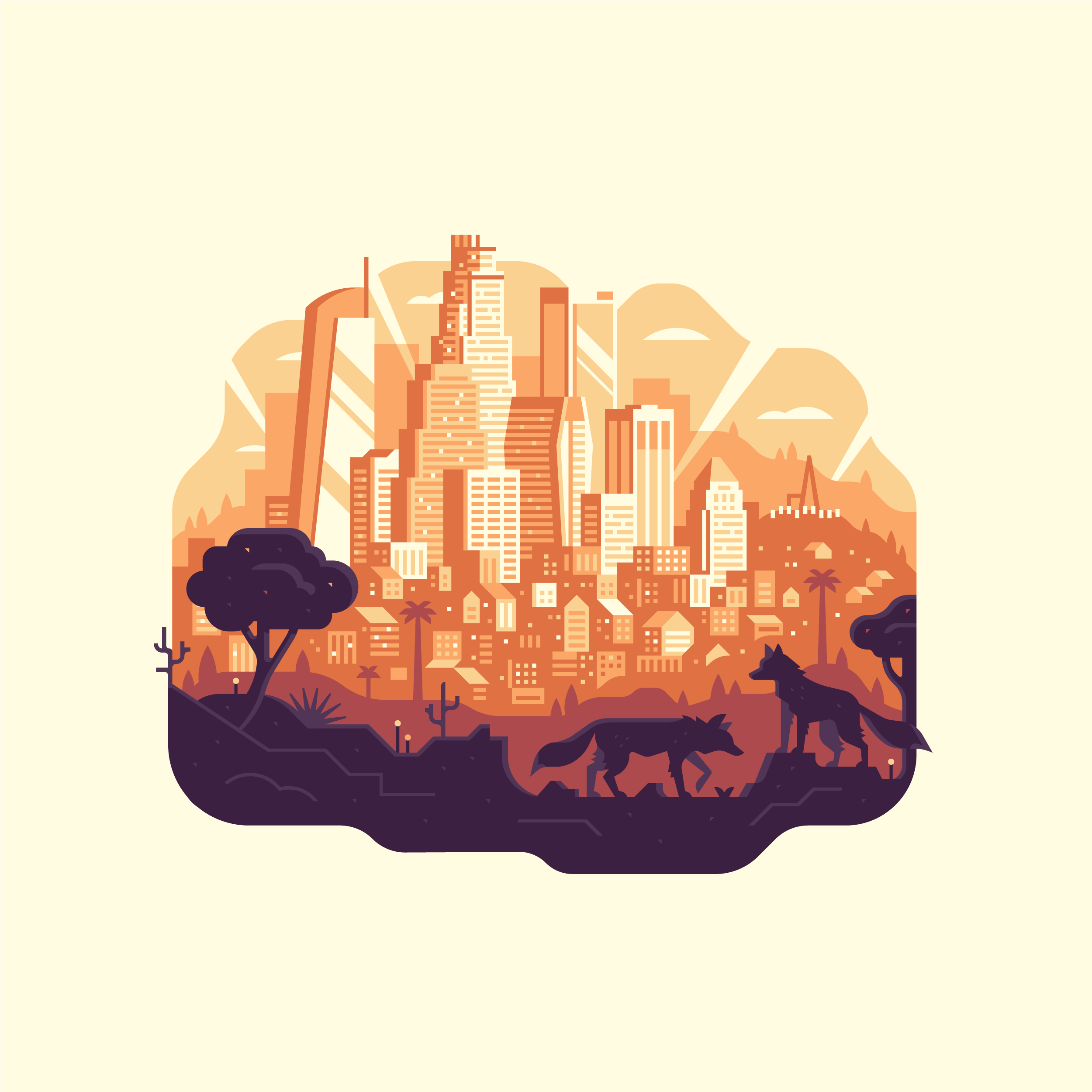 An illustrated print showing the city skyline of Los Angeles in the distance with a foreground scene of two coyotes and trees.