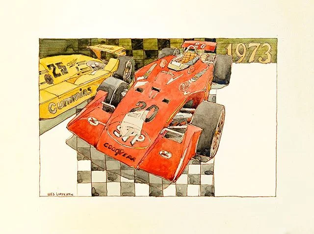 1973 Indy 500 Winner. Pen, ink, and watercolor. Thanks for following along with my Indy 500 series! ⠀
Fine Art Prints available. 6x8 on 8x10 paper. DM for details. ⠀
⠀
#indy500 #weslifferthprints