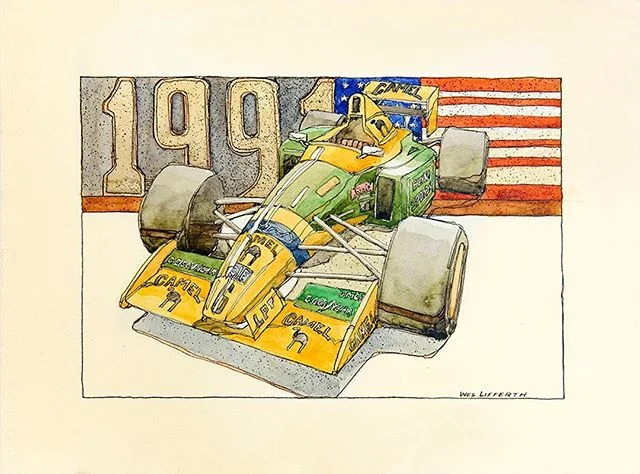 1991 Indy-500 Winner. Pen, ink, and watercolor. ⠀
⠀
Fine Art Prints Available. 6x8 on 8x10 paper. ⠀
⠀
#indy500 #weslifferthprints #1991