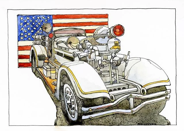 1938 Fox Ahrens Fire Truck. ⠀
⠀
Pen and ink and watercolor.