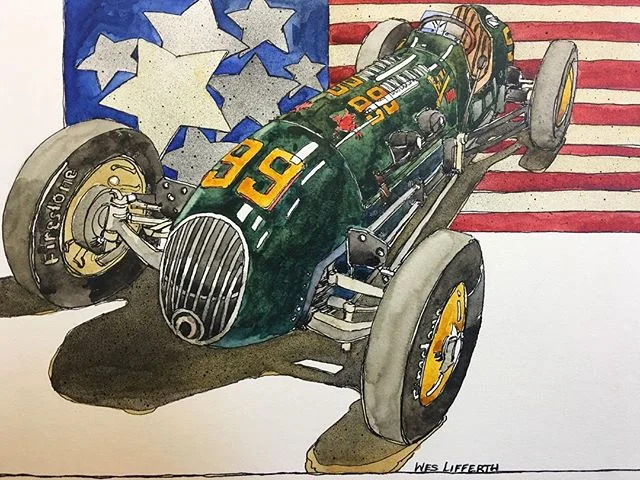 1951 Indy Winner #99. Watercolor. 7x10.5&quot;.⠀
⠀
Lee Wallard drove this Balanger Special to win the Indianapolis 500 race in 3 hours 57 minutes and 38 seconds.⠀
⠀
Prints available via DM. ⠀
#indy500 #weslifferthprints ⠀