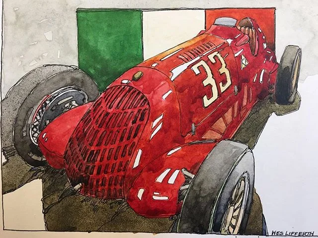 Alfa Romeo #33. Watercolor. 7x9.75. ⠀
⠀
This Alfa Romeo came in 8th in the 1948 Indianapolis 500.⠀
⠀
Prints available via DM. ⠀
⠀
#WesLifferthPrints #Indy500 ⠀