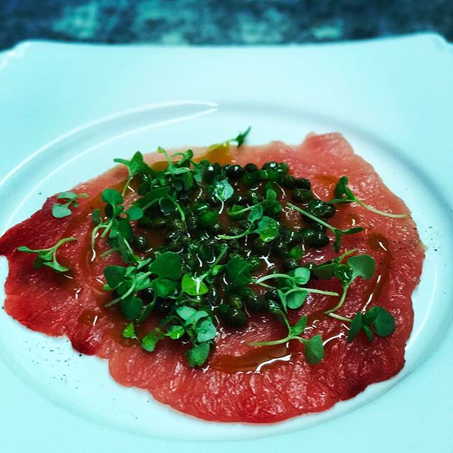 Ahi Tuna &quot;Carpaccio&quot; style, with Brunoise of Jalape&ntilde;o, Spanish Capers, Organic Micro Basil, and Fresh Basil Oil.....03/11/2017.....