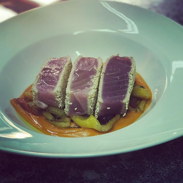 Pan Roasted Curry-Sesame Crusted  Sushi Graded Ahi Tuna, Served With Fire-Roasted Sweet Bell Peppers, Spanish Capers, Ni&ccedil;oise Olives, And Ginger Accented Campari Tomato Sauce 03/22/2018......