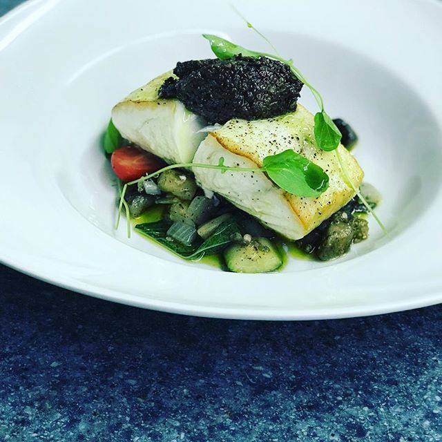 Pan Roasted Alaskan Halibut Filet, Ratatouille, Tapenade and Fresh Basil Oil... 07/05/2018...