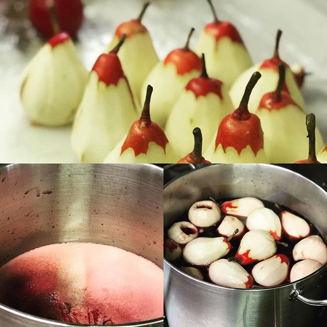 Red Anjou Pear Poached With Prunes In Spiced Burgundy Wine.....10/17/2018....