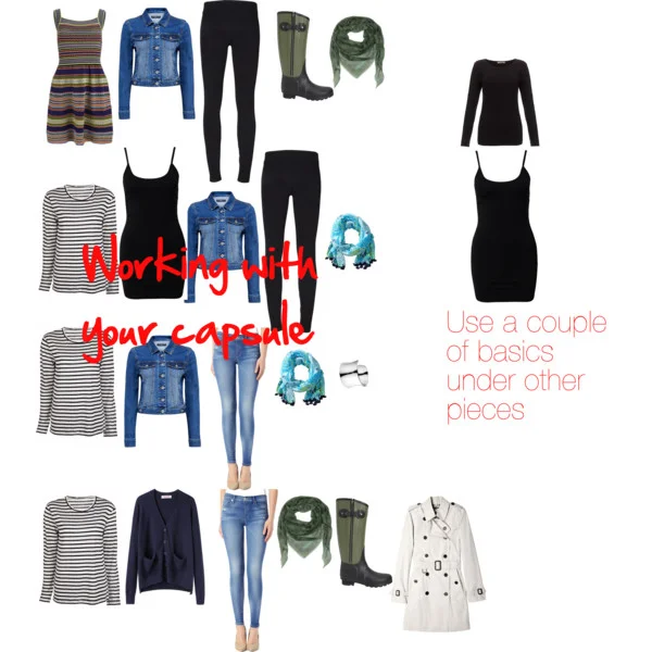 Once you have built the capsule you can add or remove pieces to make loads of different outfits! Dress+jacket+leggings+boots+scarf Remove dress and add top with singlet underneath (remember leggings are not pants)! Swap leggings for jeans Swap cardigan for jacket You could go on like this for ages and never wear the same thing twice. Don't forget to layer with the long black top and the long black tank. You could then add some flat ballet slippers or boat shoes and couple of tees for Spring. 