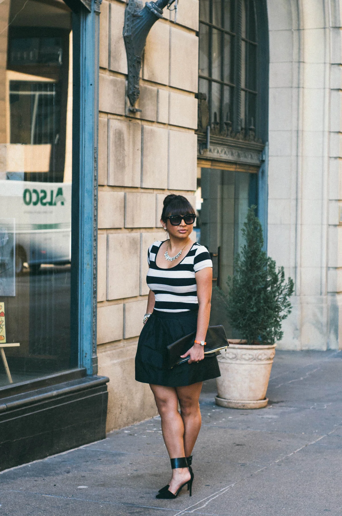 Dress: H&M | Skirt: J.Crew | Shoes: Zara | Clutch: American Apparel | Sunglasses: Tom Ford | Watch: Timex for J.Crew | Jewelry: Cara, Stella & Dot