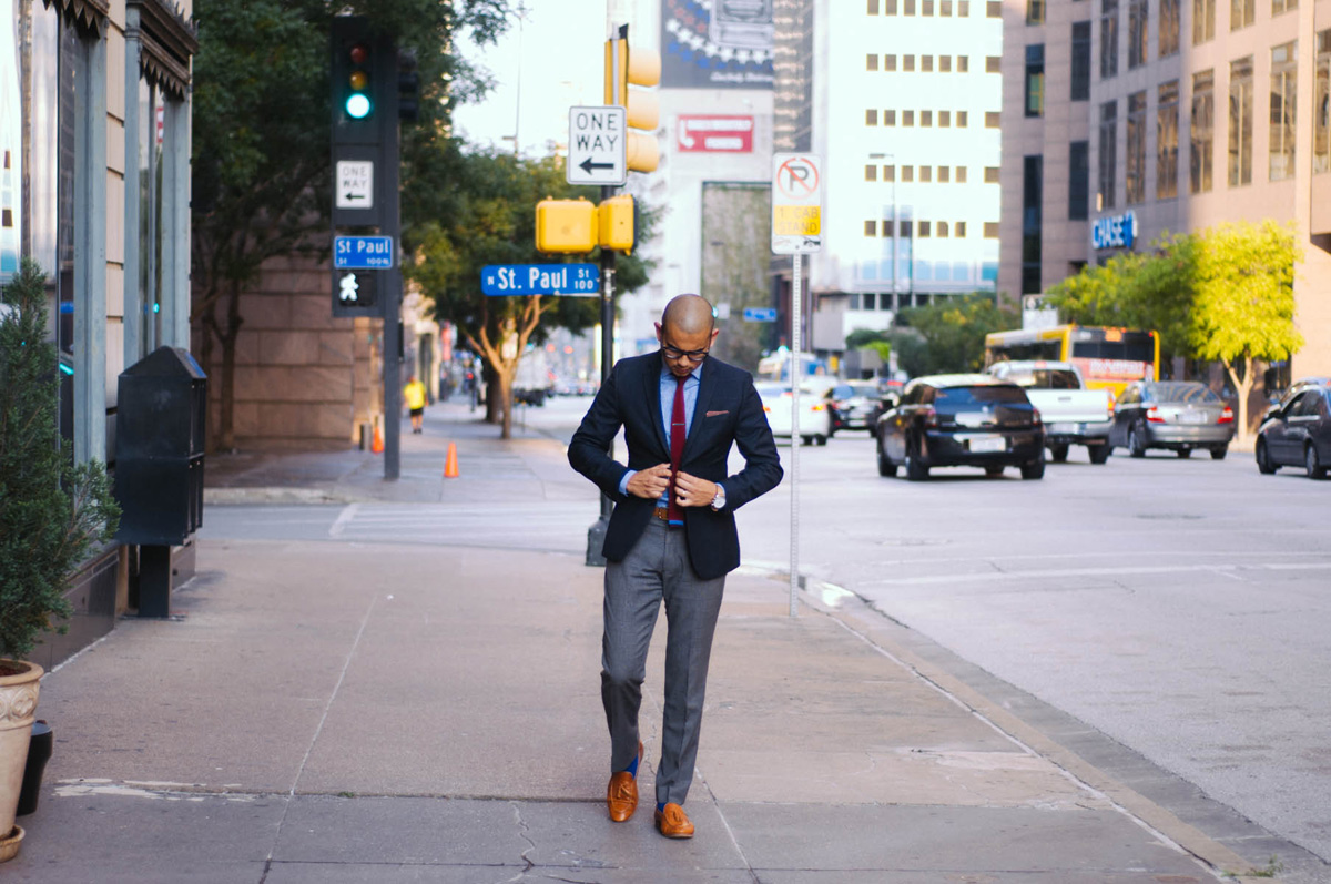 Jacket: H&M | Shirt: J.Crew | Pants: Vintage | Shoes: Mr B's | Tie, Tie Bar, and Pocket Square: The Tie Bar | Watch: Lucien Piccard | Glasses: Warby Parker